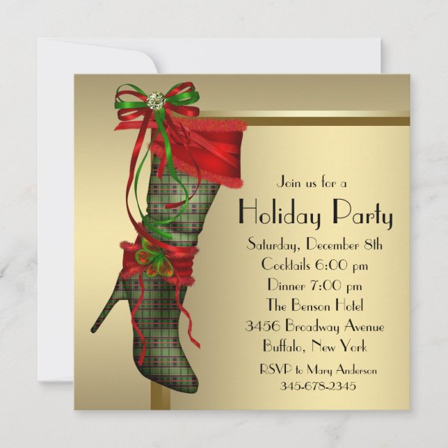 Red Christmas Stocking Red Gold Christmas Party Invitation (Front)