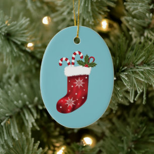 Red Christmas Stocking With Candy Canes And Holly Ceramic Tree Decoration
