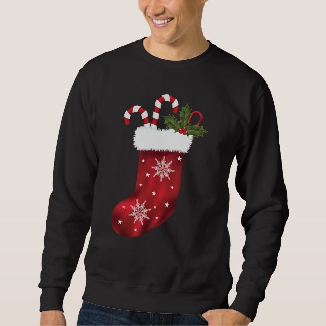 Red Christmas Stocking With Candy Canes And Holly Sweatshirt (Front)