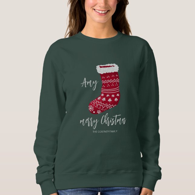 Red Christmas stocking with family name Sweatshirt (Front)