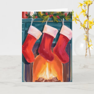 Red Christmas Stockings Fireplace Watercolor Card