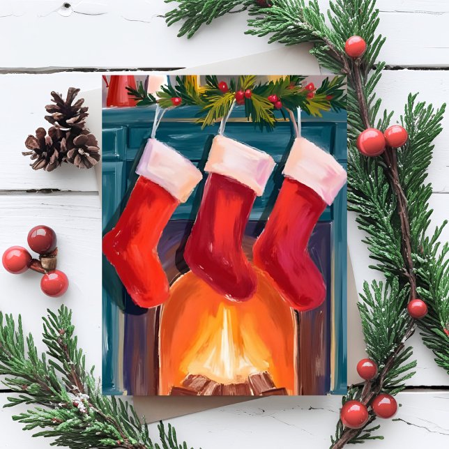 Red Christmas Stockings Fireplace Watercolor Holiday Card (Creator Uploaded)