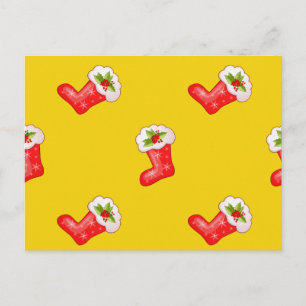 Red Christmas Stockings on Yellow Holiday Postcard