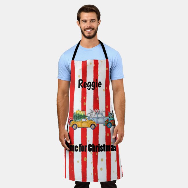 Red Christmas Striped Design with Cars and Trees Apron (Worn)
