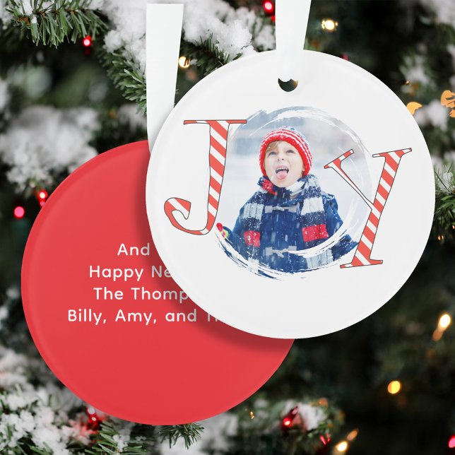 Red Christmas Stripes Photo Joy Typography Ornament (Joy Photo Typography Red and White Striped Ornaments.)