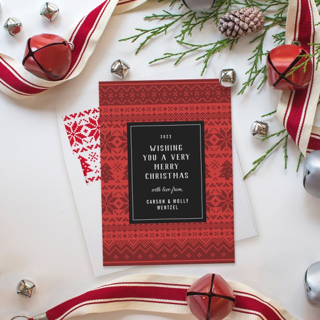 Red Christmas Sweater Patterned Holiday Card (Red Christmas sweater patterned card with black box in the middle with year, message and name text)