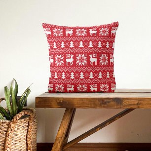 Red Christmas Sweater Reindeer Poinsettias Pattern Cushion
