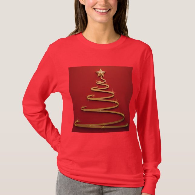 Red Christmas T-Shirt Gold Spiral Christmas Tree (Front)