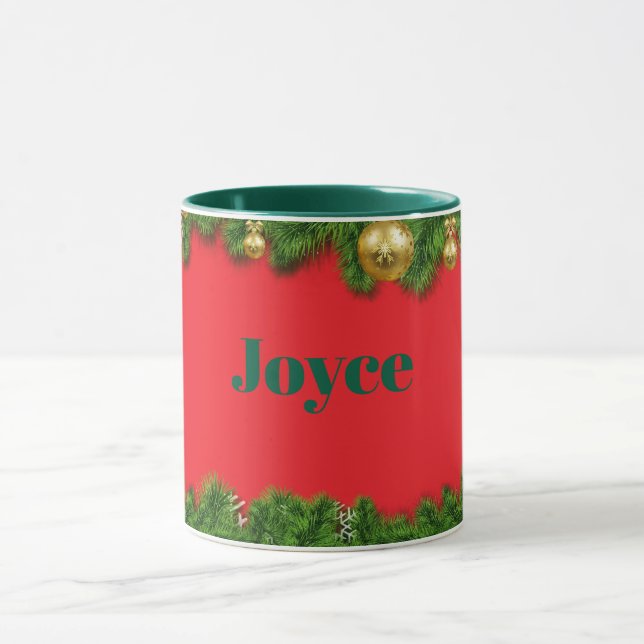 Red Christmas TEMPLATE, Green Text/Name, Mug (Center)