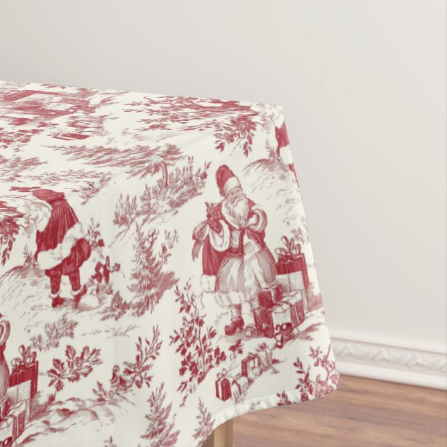 Red Christmas Toile Santa And Trees Tablecloth (In Situ)