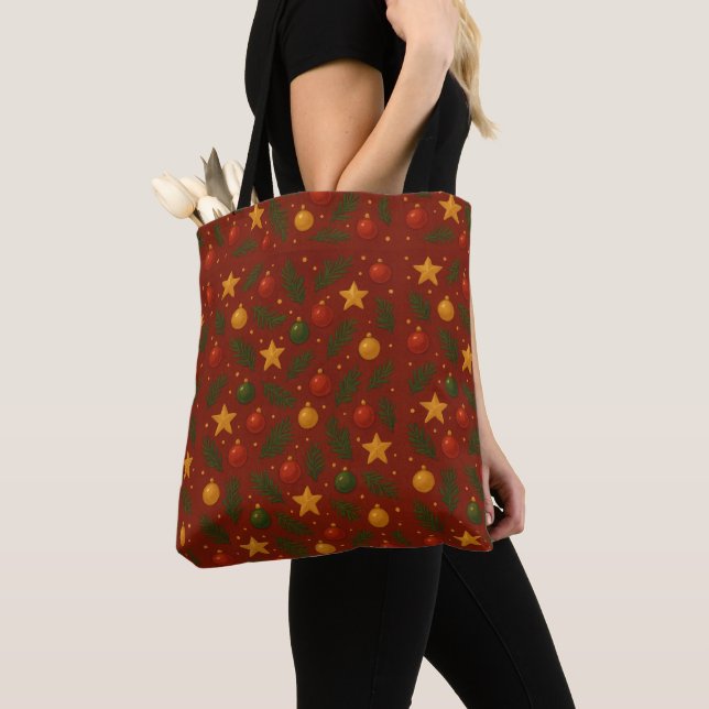 Red Christmas Tote Bag – Classic Holiday Gift Bag  (Close Up)