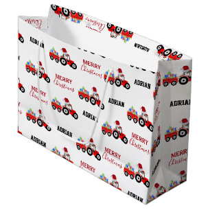 Red Christmas Tractor Truck Farm Custom Name Large Gift Bag