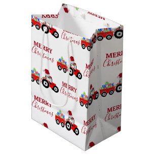 Red Christmas Tractor Truck Farm Medium Gift Bag