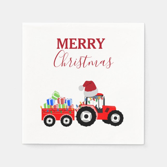 Red Christmas Tractor Truck Farm Napkin (Front)
