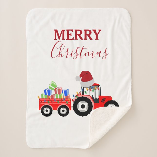 Red Christmas Tractor Truck Farm  Sherpa Blanket (Front)