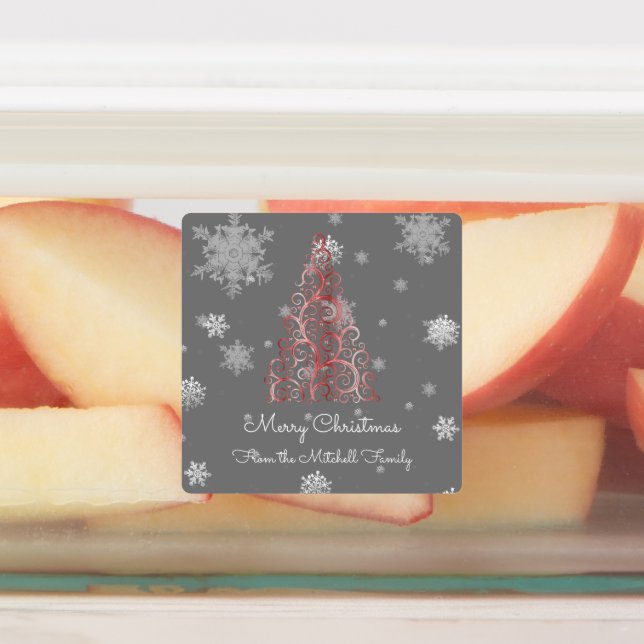 Red Christmas Tree and Snowflakes Baking Labels (Affixed)