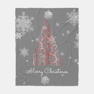 Red Christmas Tree and Snowflakes Fleece Blanket