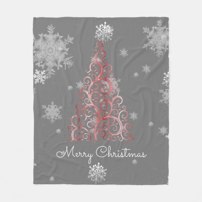 Red Christmas Tree and Snowflakes Fleece Blanket (Front)