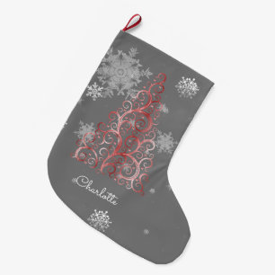 Red Christmas Tree and Snowflakes Stocking