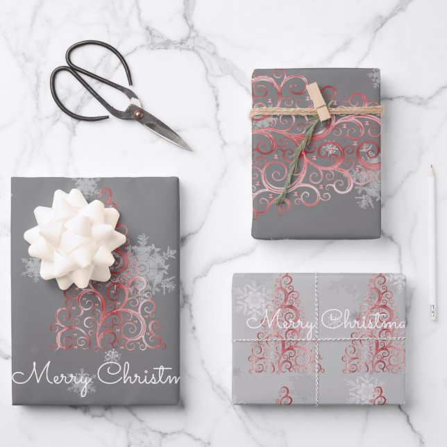 Red Christmas Tree and Snowflakes Wrapping Paper Sheet (Front)
