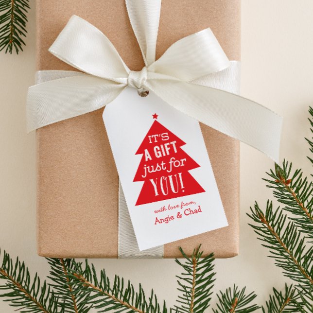 Red Christmas Tree Gift Tags (red and white Christmas tree with quirky text "a gift just for you" custom name gift tag)