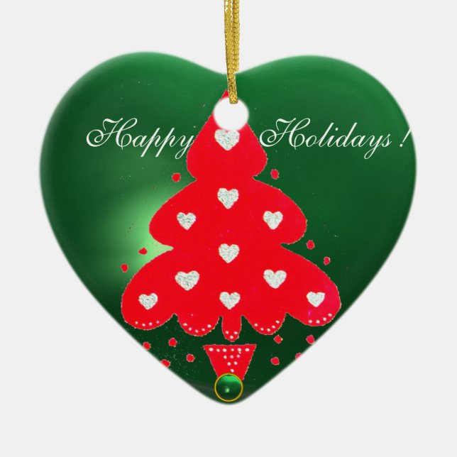 RED CHRISTMAS TREE HOLIDAY PARTY green Heart Ceramic Tree Decoration (Front)