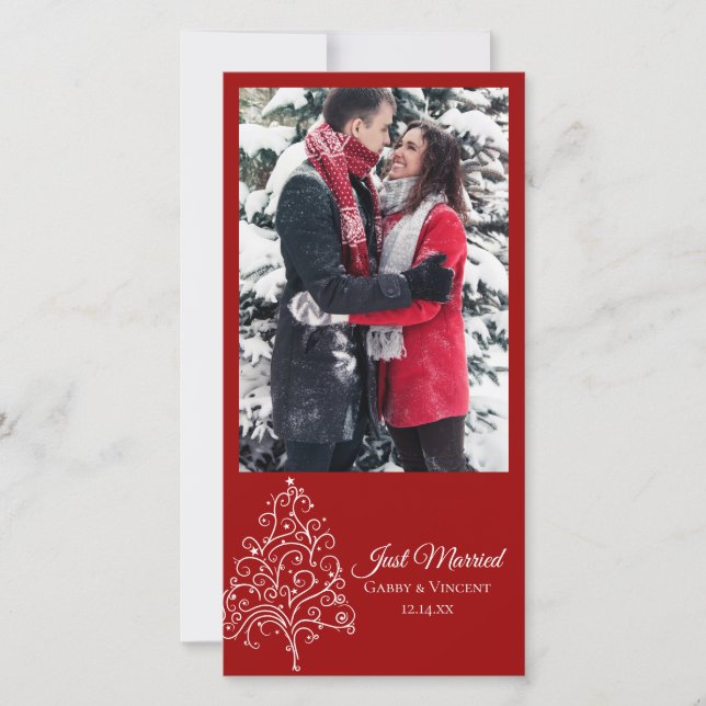 Red Christmas Tree Just Married Announcement Photo (Front)