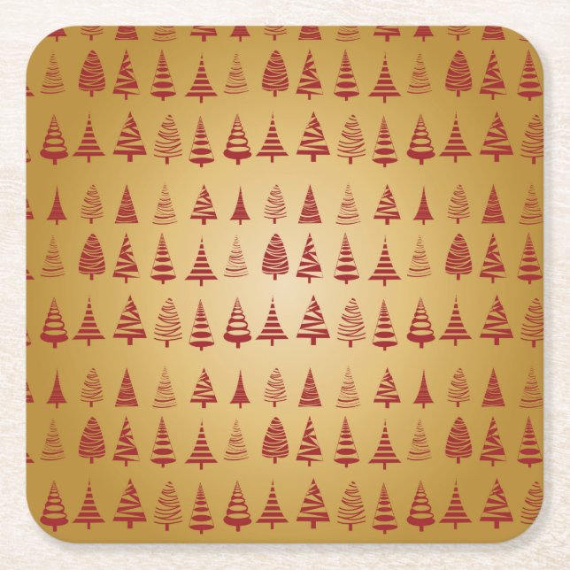 Red Christmas tree modern on Gold Square Paper Coaster (Front)