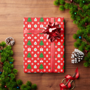 🎄 Red Christmas Tree Snowflake Festive Holiday Wrapping Paper
