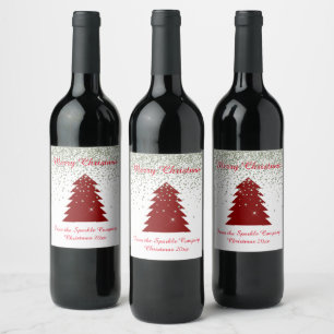 RED CHRISTMAS TREE SPARKLE CUSTOMIZABLE WINE GIFT LABEL