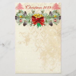 Red Christmas Tree Stars Distressed Damask Garland Stationery