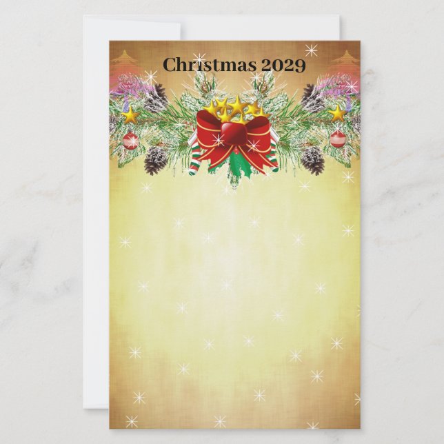 Red Christmas Tree Stars Gold Lights Garland Stationery (Front)