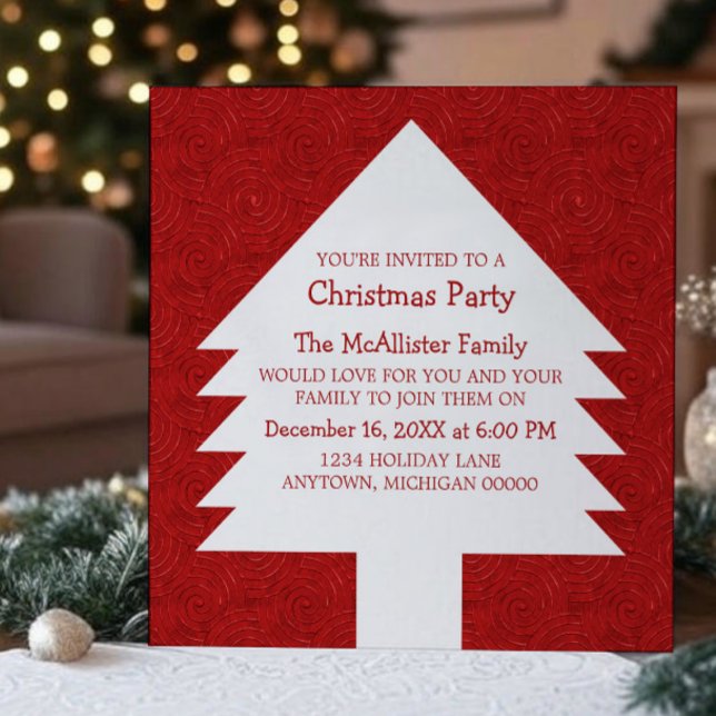 Red Christmas Tree Swirls Party Invite (Red Christmas Tree Swirls Party Invitation)