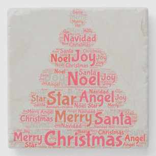 Red Christmas Tree Typography Stone Coaster