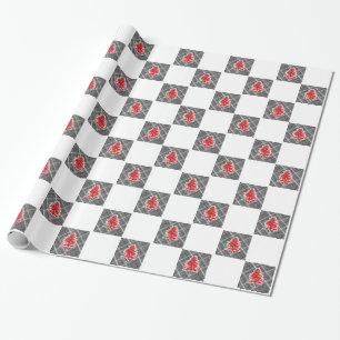 Red Christmas Tree Xmas Chequered Design Holiday Wrapping Paper