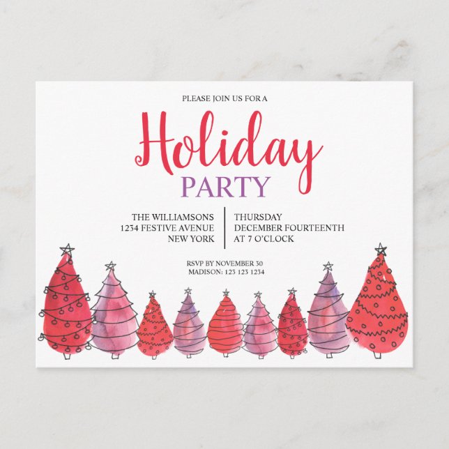 Red Christmas Trees Holiday Invitation Postcard (Front)