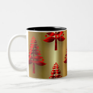 Red Christmas Trees on Gold Two-Tone Coffee Mug