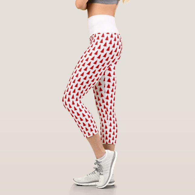 Red Christmas Trees on White Background Pattern Capri Leggings (Left)