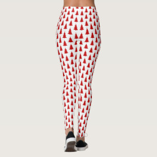 Red Christmas Trees on White Background Pattern Leggings