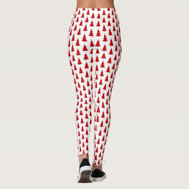 Red Christmas Trees on White Background Pattern Leggings (Back)