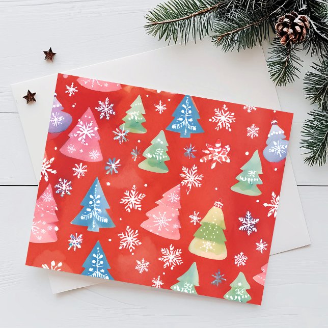 Red Christmas Trees Watercolor Holiday Postcard (Creator Uploaded)