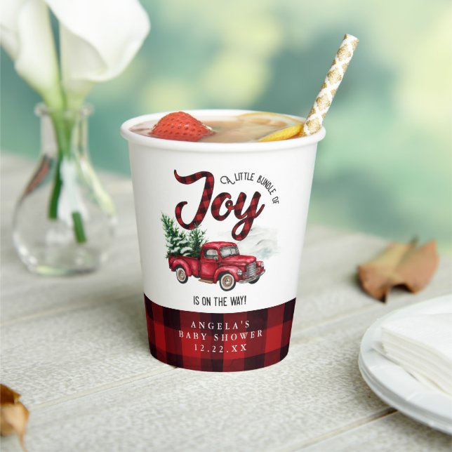 Red Christmas Truck Bundle of Joy Baby Shower Paper Cups (Insitu)