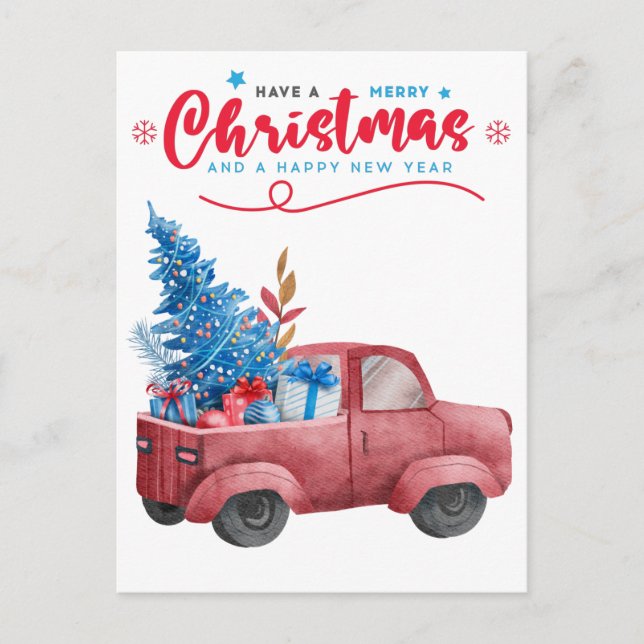 Red Christmas Truck Illustration Holiday Greetings Postcard (Front)