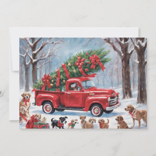 Red Christmas Truck in the snowy wood with dogs Holiday Card (Front)
