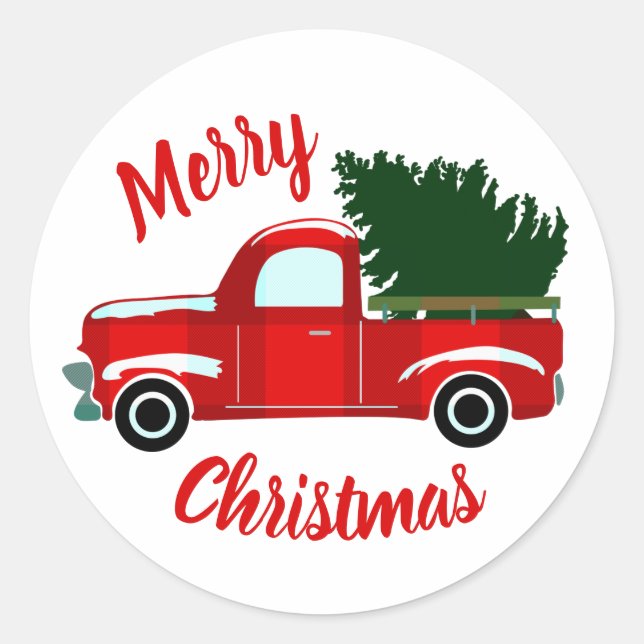 Red Christmas Truck Rustic Christmas Holiday Party Classic Round Sticker (Front)