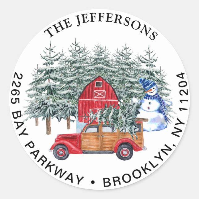 Red Christmas Truck & Snowman Return Address Label (Front)