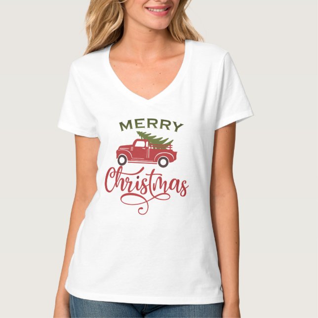 Red Christmas Truck Tee, Festive Christmas Tree T-Shirt (Front)