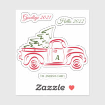 Red Christmas truck tree Family Monogram Sticker