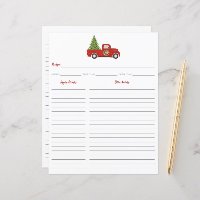 Red Christmas Truck & Tree Recipe Binder Insert (Front/Back In Situ)