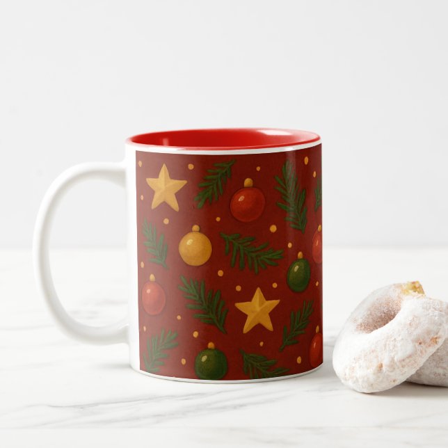 Red Christmas Two-Tone Coffee Mug – Classic Gift (With Donut)